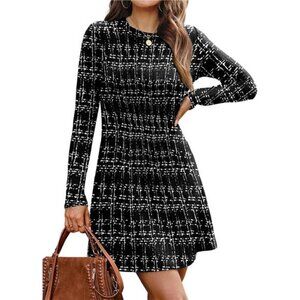 Women Long Sleeve Crew Neck Sweater Dress Black White
